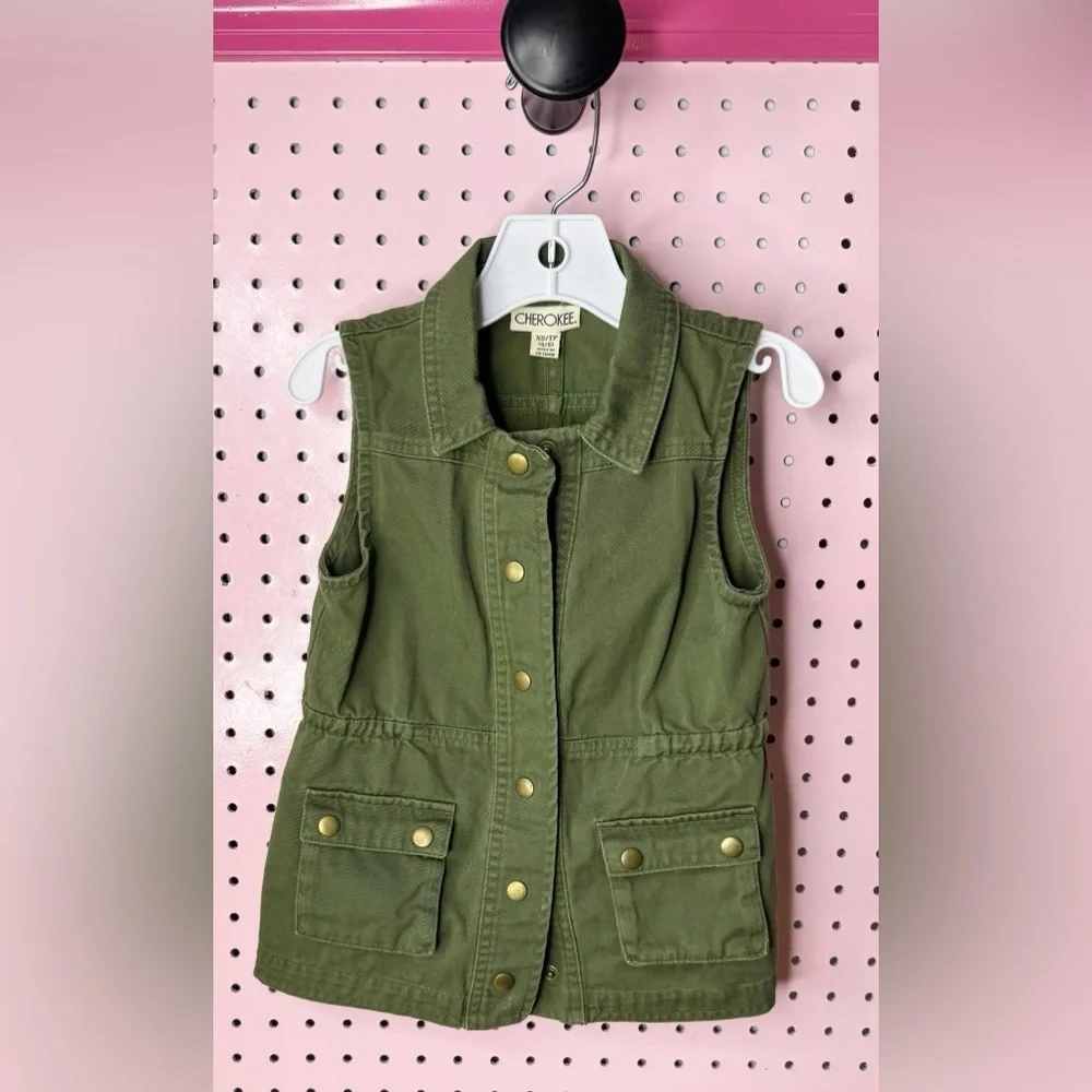 Cherokee Olive Green Cargo Vest Kids Utility Jacket Snap Front Size 4/5T XS